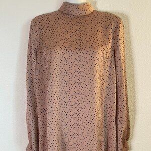 Missguided Roll Neck Zipper Back Long Sleeve Silky Rose Gold Black Spots Blouse